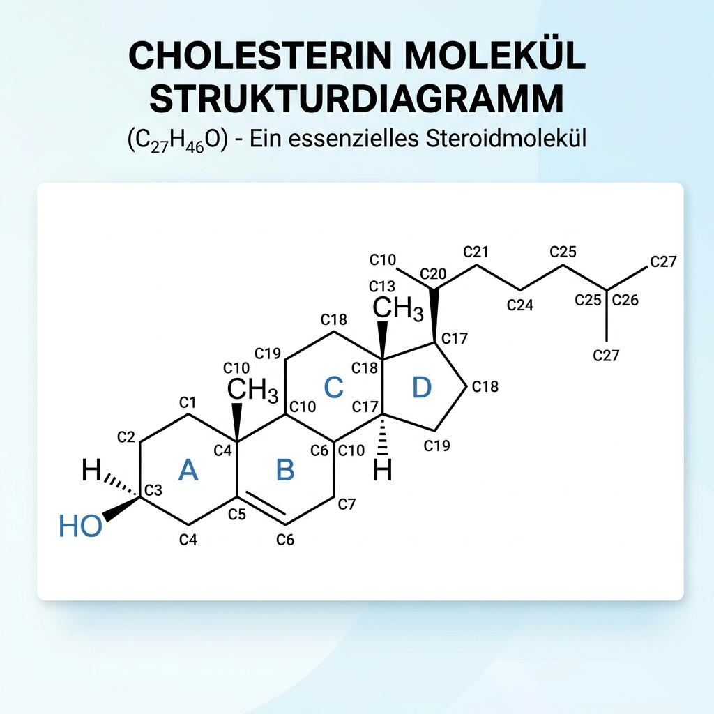 Molecular structure diagram of cholesterol showing carbon atoms, hydrogen atoms, hydroxyl group, and four labeled rings A, B, C, D
