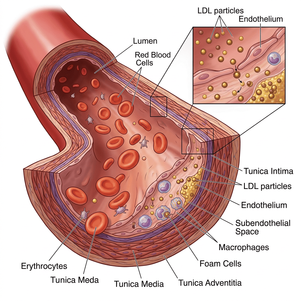 Cross-section diagram of an artery showing lumen, red blood cells, LDL particles, endothelium, tunica intima, and macrophages.