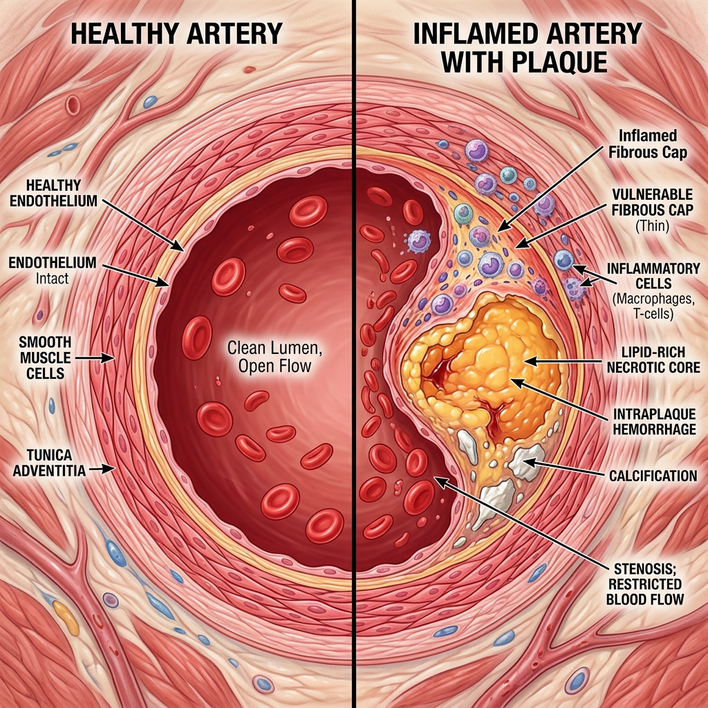 Cross-section of a healthy artery with open blood flow compared to an inflamed artery showing plaque, inflammatory cells, and restricted blood flow.